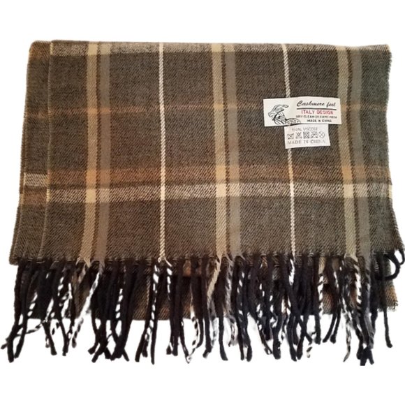 CASHMERE FEEL ITALY DESIGN Olive Plaid Viscose Scarf  Fringe Edge - Picture 3 of 8